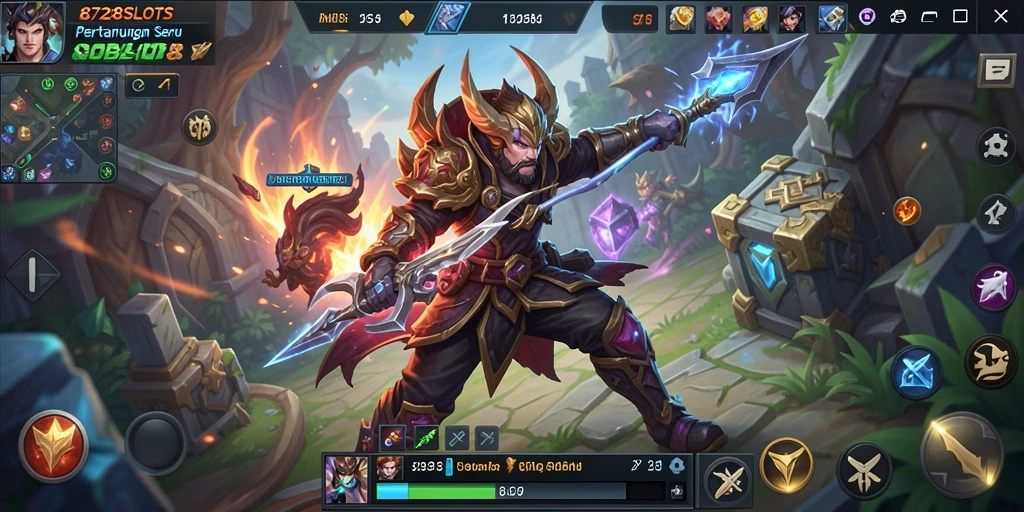 Screenshot gameplay MOBA 8728SLOTS dengan pertarungan intens.