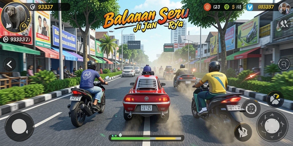 Tampilan gameplay 93337 yang seru dengan mobil balap di jalan raya.