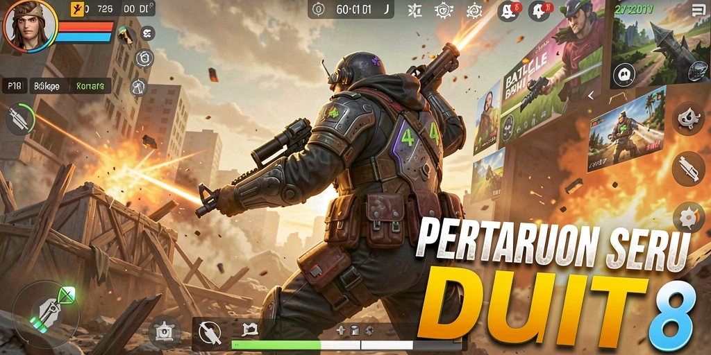 Screenshot utama DUIT8 menampilkan aksi mendebarkan di arena Battle Royale.