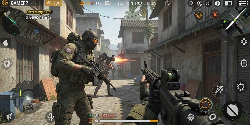 Tampilkan gameplay GAMERP yang menegangkan dan seru di medan pertempuran.