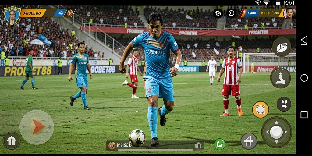Screenshot gameplay PROBET88 menampilkan aksi seru di lapangan sepak bola.