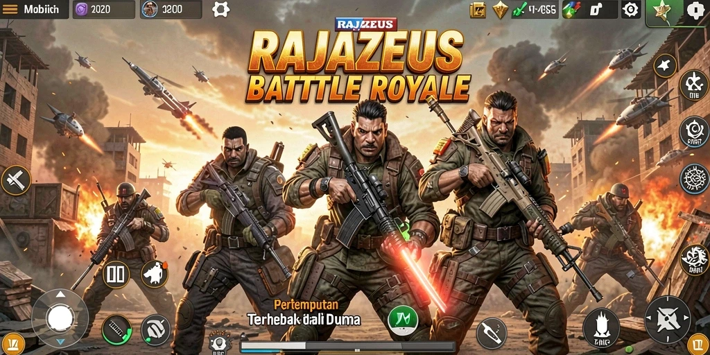 Tangkapan layar utama menunjukkan aksi intens dalam pertempuran Battle Royale.